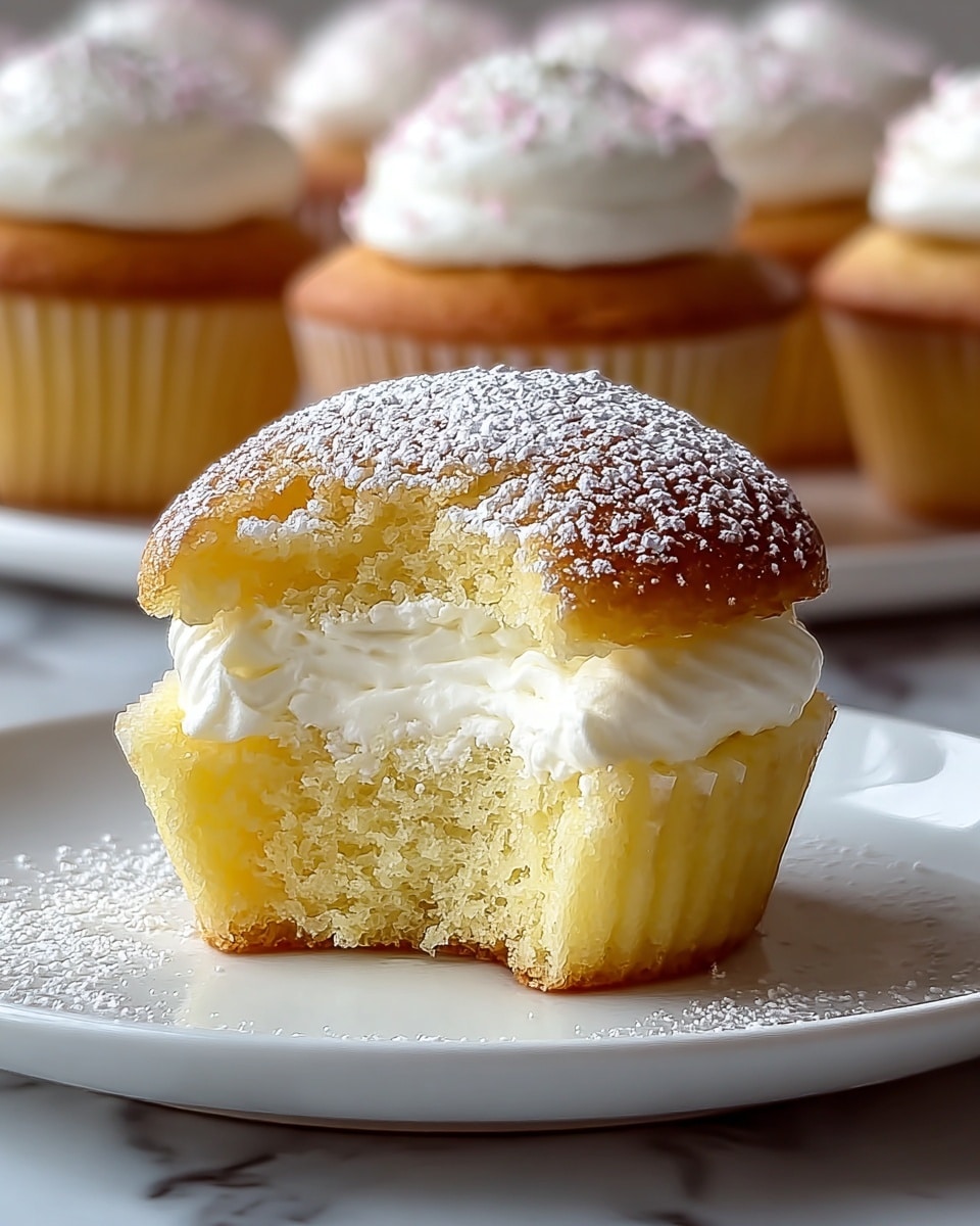 A close-up view of a soft, light yellow cupcake sliced horizontally into two layers with a thick white cream filling in the middle, dusted with fine white powdered sugar on top, placed on a white plate sitting on a white marbled surface, with multiple similar cupcakes blurred in the background photo taken with an iphone --ar 4:5 --v 7