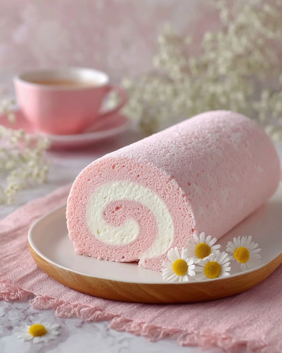 A soft pink Swiss roll cake lies on a white plate with a wooden rim, resting on a pink cloth over a white marbled surface. The cake features two layers: an outer light pink sponge layer that is smooth and fluffy, and an inner white cream swirl that looks creamy and soft in a spiral shape. Small white and yellow daisy flowers are placed next to the cake on the plate, adding a delicate touch. In the background, there is a pink cup and saucer slightly blurred, along with some delicate white flowers for decoration. Photo taken with an iphone --ar 4:5 --v 7