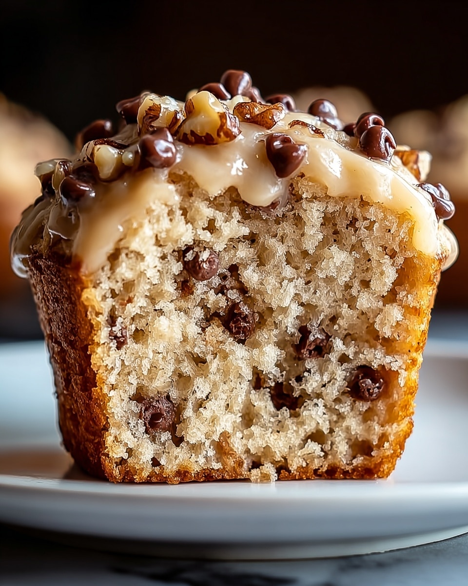 A close-up view of a single muffin cut in half showing three layers: the bottom layer is a golden-brown baked crust with a slightly crisp texture; the middle layer is a light tan, soft and moist muffin with visible small darker chocolate chips spread evenly inside; the top layer is a thicker, slightly sticky glaze with a shiny beige color, sprinkled generously with halved walnuts and more chocolate chips, adding a crunchy texture. The muffin is placed on a white plate on a white marbled surface, with a blurred dark background. Photo taken with an iphone --ar 4:5 --v 7