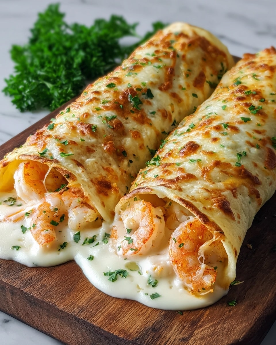 Two rolled tortillas, toasted golden brown with melted cheese on top, are placed on a wooden board. Inside each tortilla, there are at least two cooked shrimp with a light orange color and some creamy white cheese filling that oozes out at the ends. The tortillas are sprinkled with finely chopped green herbs for a fresh look. In the background, there is a small bunch of fresh green parsley on a white marbled surface. The lighting highlights the creamy and crispy textures of the dish. photo taken with an iphone --ar 4:5 --v 7
