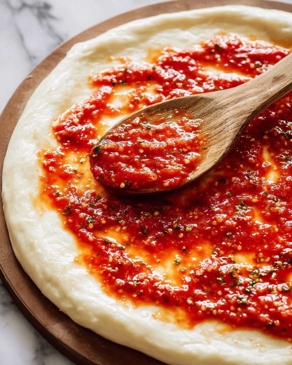 A close-up view of a pizza dough base with a smooth, pale creamy white layer. On top, a layer of bright red tomato sauce is being spread evenly, showing a slightly chunky texture with bits of herbs and spices scattered throughout in green and yellowish tones. A wooden spoon covered with the tomato sauce is positioned on the right side, partly touching the dough and sauce. The dough is on a round board, and the background is a white marbled texture. photo taken with an iphone --ar 4:5 --v 7