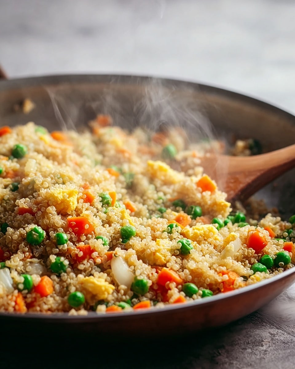 The image shows a pan filled with steaming quinoa fried rice, containing visible layers of cooked quinoa seeds in a light beige color, mixed with bright green peas, small orange carrot cubes, yellow scrambled eggs, and white onion pieces. A wooden spoon is partially visible on the right side, stirring the dish. The background is softly blurred with a white marbled texture. The steam rising from the pan adds a fresh and hot look to the dish. photo taken with an iphone --ar 4:5 --v 7