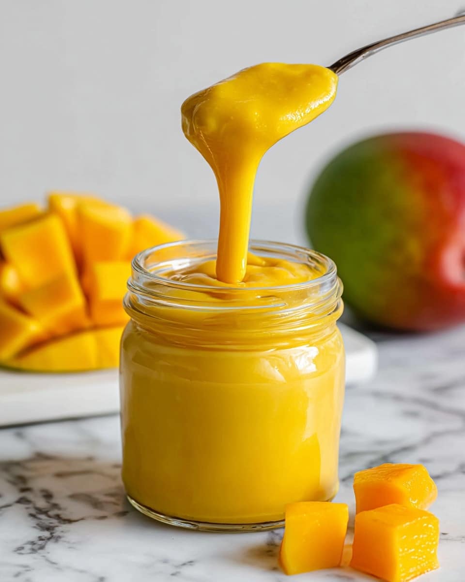 A clear glass jar filled with thick, smooth, bright yellow mango puree that appears creamy and rich, a spoon lifted from the jar showing the puree slowly dripping back in with a glossy texture; in the background, there is a diced mango with vibrant orange-yellow cubes and a whole mango with green and red skin, all set on a white marbled surface. Photo taken with an iphone --ar 4:5 --v 7