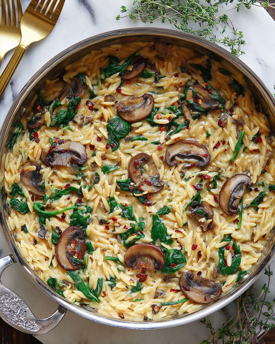 A silver pan filled with creamy orzo pasta mixed with several slices of brown mushrooms and fresh bright green spinach leaves scattered evenly throughout the dish. The orzo is coated in a light beige sauce with a smooth texture and sprinkled with small red chili flakes adding pops of red color. Fresh green sprigs of thyme rest near the pan on a white marbled surface along with white dishes and gold cutlery partially visible around the edges. Photo taken with an iphone --ar 4:5 --v 7