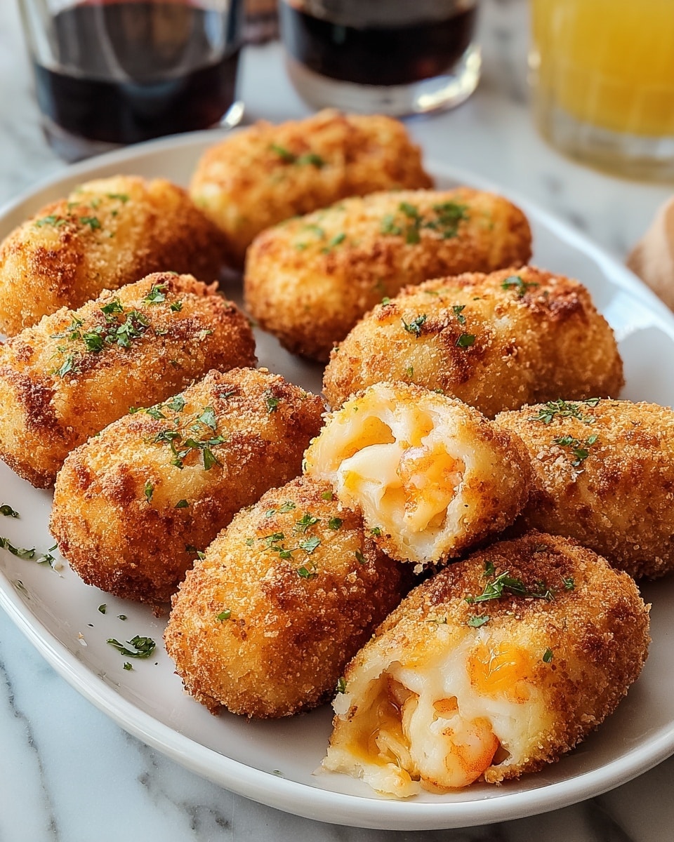A white plate holds about ten golden-brown, oval-shaped croquettes arranged closely in three rows. The croquettes have a crispy, coarse breadcrumb coating with some green herb flakes sprinkled on top. Two croquettes in the front show a cross-section with a creamy, light yellow layer of soft mashed potatoes surrounding a middle layer of orange shrimp and white melted cheese. The plate sits on a surface with a white marbled texture, and in the background, there are blurred glasses, one containing a dark liquid and the other a yellow one. photo taken with an iphone --ar 4:5 --v 7