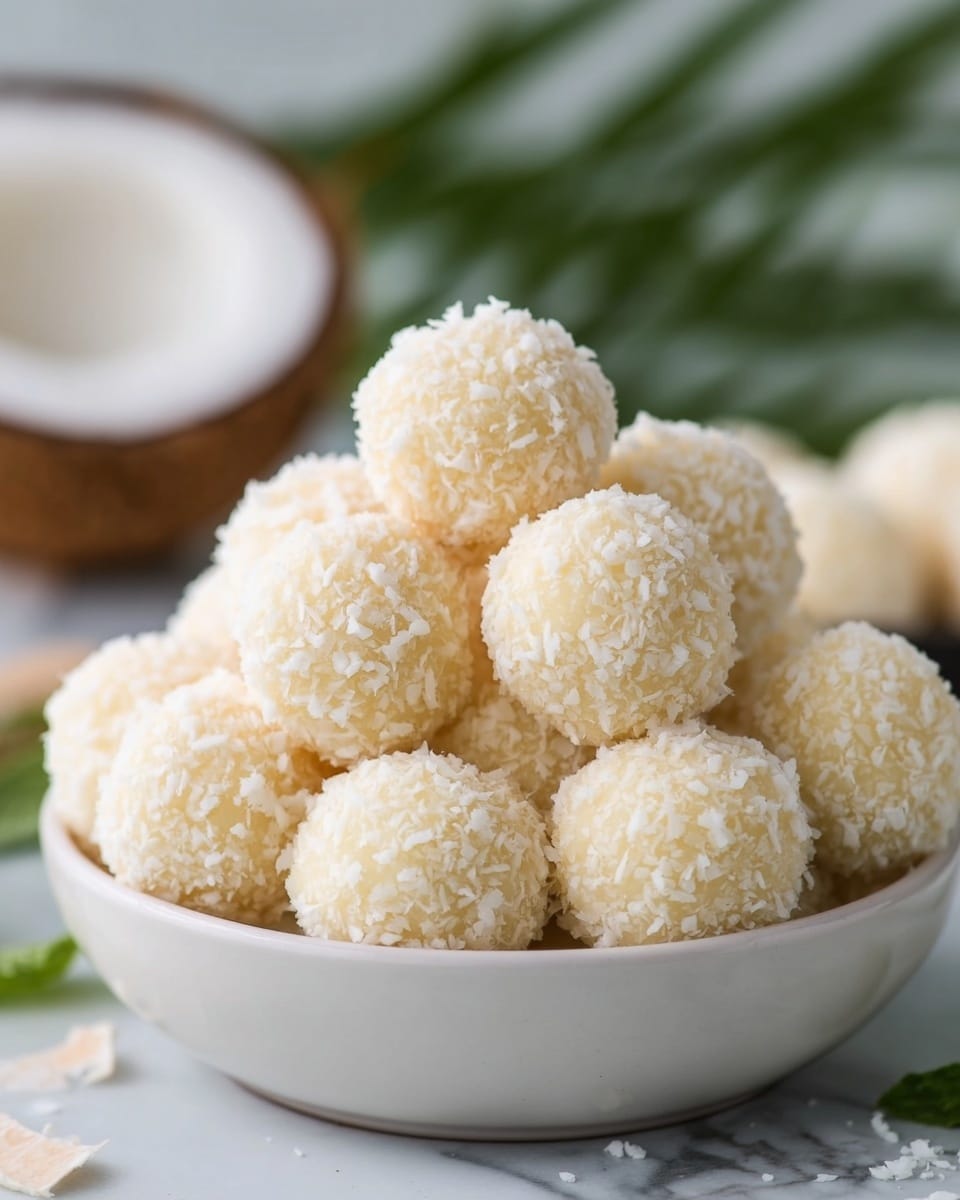 A white bowl filled with about twenty round coconut balls stacked in a small pyramid shape, each ball covered fully in small flakes of white coconut giving a rough texture; the balls are pale cream in color with a slightly off-white shade, closely packed together. In the blurred background, there is a halved coconut and some green leaves, all set on a white marbled texture. Photo taken with an iphone --ar 4:5 --v 7