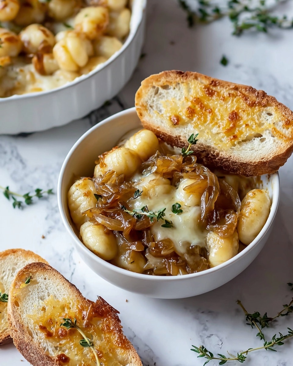 A white bowl filled with soft, golden gnocchi covered in caramelized, translucent onions and melted, stretchy cheese on top. A toasted slice of crusty bread with a light golden-brown crust rests partly inside the bowl, garnished with a small green thyme sprig. Two more slices of toasted bread with the same crust and thyme garnish lie on a white marbled surface in the foreground. In the background, part of another white bowl filled with more gnocchi is visible, with scattered thyme sprigs around, all on the white marbled surface. photo taken with an iphone --ar 4:5 --v 7