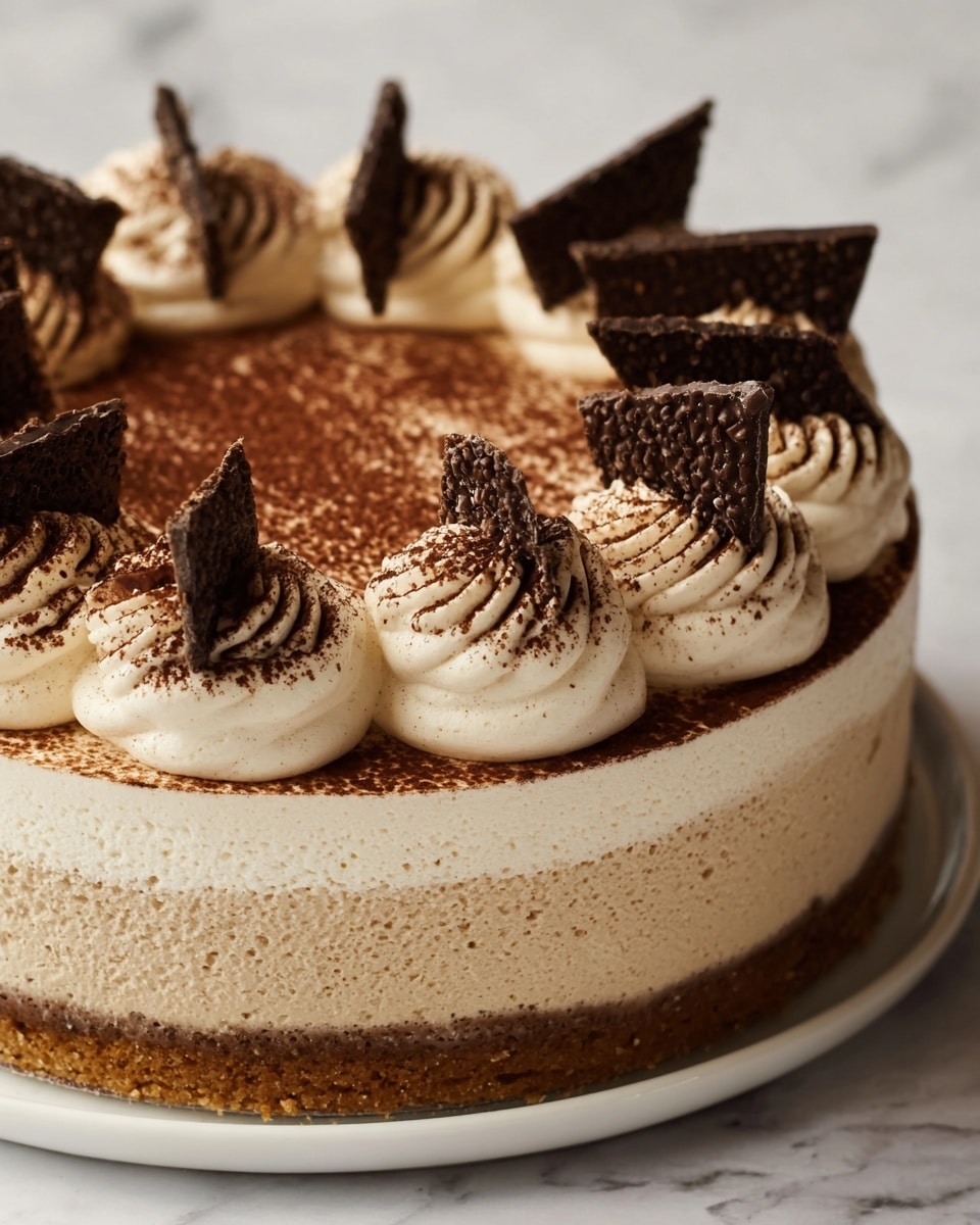 The image shows a three-layered cake on a white plate. The bottom layer is a crumbly brown crust, the middle layer is a thick creamy beige mousse with a slightly textured surface, and the top layer is a smooth, flat layer dusted with cocoa powder. Around the edge of the top, there are evenly spaced swirls of light beige whipped cream, each topped with a dark chocolate wafer triangle and sprinkled lightly with cocoa powder. The setting is a white marbled textured surface. Photo taken with an iphone --ar 4:5 --v 7