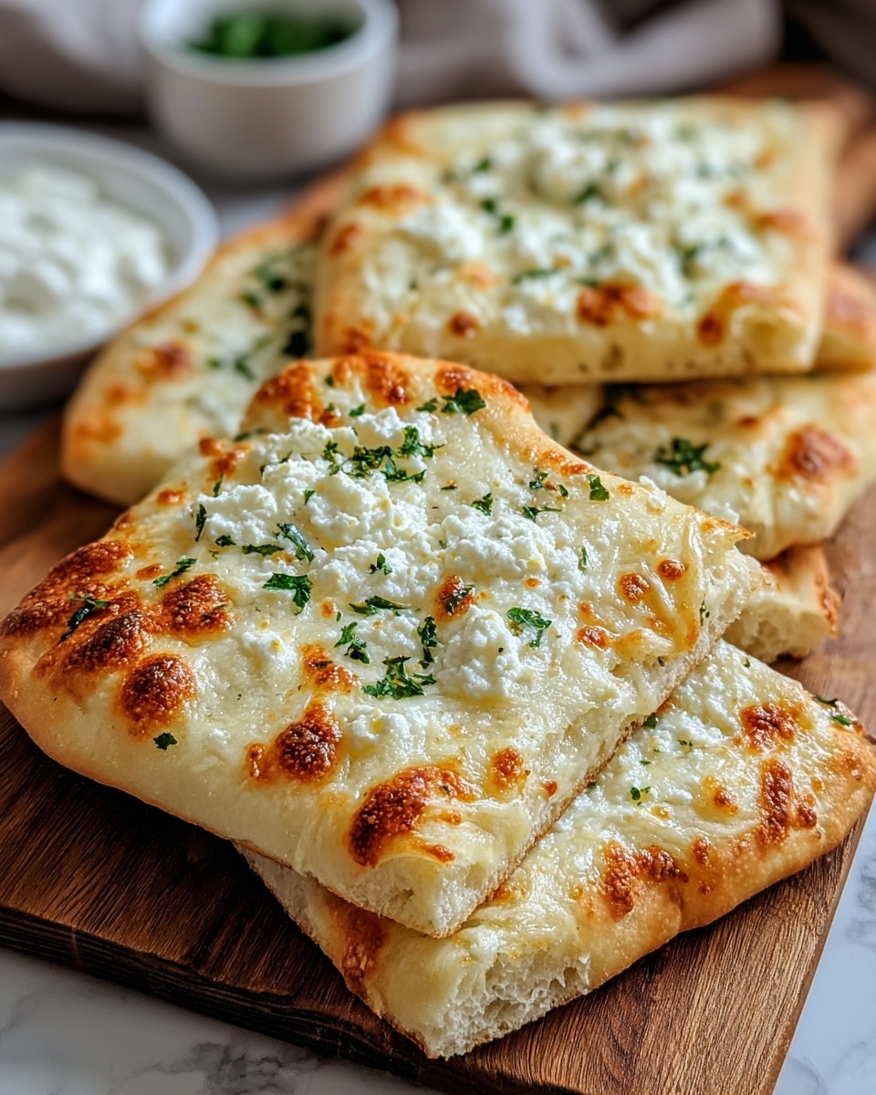 The image shows a thick, square flatbread cut into four equal pieces, placed on a wooden board. The flatbread has a light golden crust that looks soft and slightly fluffy. The top layer is covered in melted white cheese with some browned spots, giving it a bubbly texture. Small green herb bits are sprinkled evenly on top, adding color contrast. The flatbread appears fresh and warm, with a soft inside texture hinted by the edges. The setting includes a small white bowl with a white creamy dip in the blurred background on a white marbled surface. photo taken with an iphone --ar 4:5 --v 7