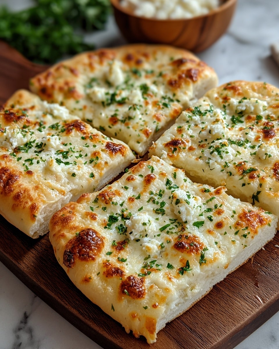 A white rectangular flatbread is cut into four square pieces and placed on a wooden board. The flatbread has a thick, soft crust with a light golden-brown bake. The top layer is covered with melted white cheese that is browned in spots, giving a toasted effect, and sprinkled evenly with finely chopped green herbs. The texture of the cheese looks creamy and slightly bubbly. In the background, there is a small wooden bowl filled with a white ingredient, possibly cheese or cream. The photo is taken on a white marbled surface. photo taken with an iphone --ar 4:5 --v 7
