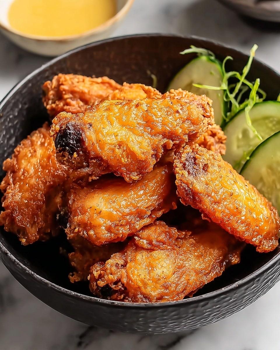 A bowl filled with six pieces of golden-brown fried chicken wings with a crispy, textured skin. The chicken wings are stacked on top of each other, showing the crunchy coating that looks light and flaky. On the right side inside the bowl, there are several thin slices of fresh, bright green cucumber adding a fresh contrast. The bowl is dark textured and placed on a white marbled table. In the background, there is a blurred small bowl with yellow sauce. photo taken with an iphone --ar 4:5 --v 7