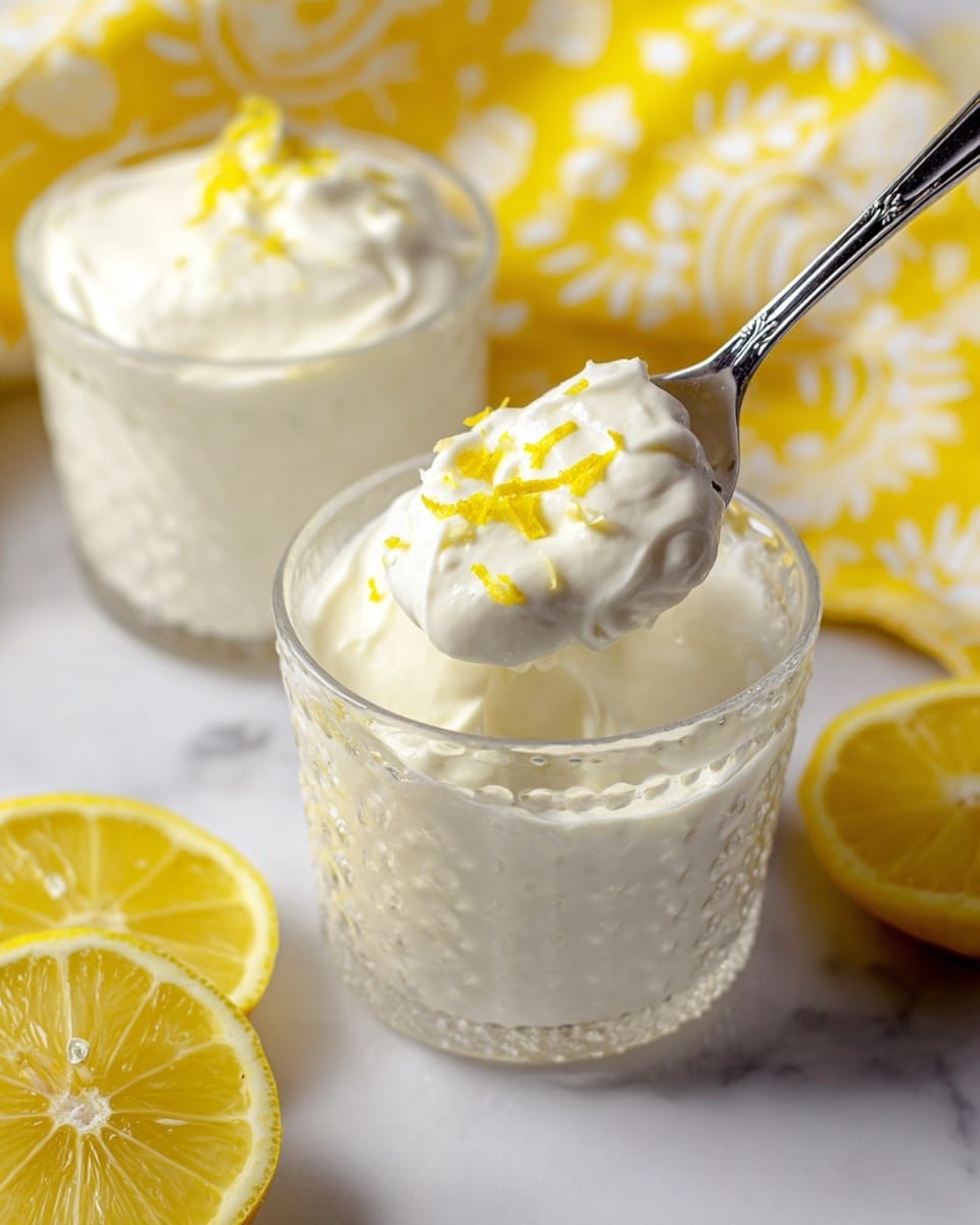 The image shows a close-up of two clear textured glass cups filled with smooth, creamy white dessert garnished with small bits of yellow lemon zest on top. One cup is in the foreground, with a silver spoon lifting a soft dollop of the dessert, while the second cup is slightly blurred in the background. The scene is set on a white marbled surface, with bright yellow lemon slices at the bottom left and a yellow cloth with white patterns in the upper part of the image. The dessert looks light and fluffy, with a soft, smooth texture. Photo taken with an iphone --ar 4:5 --v 7