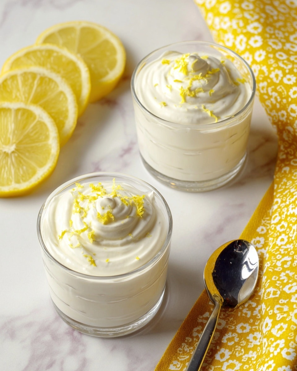 Two clear glass cups sit on a white marbled surface, each filled with three visible layers of smooth, white creamy dessert. The top layer of each cup has a swirl texture and is sprinkled with fine, bright yellow lemon zest. To the left, there are three thin, round lemon slices stacked on the surface. A shiny metal spoon rests to the right, next to a folded yellow cloth with white circular patterns in the background. The overall look is fresh and light. photo taken with an iphone --ar 4:5 --v 7