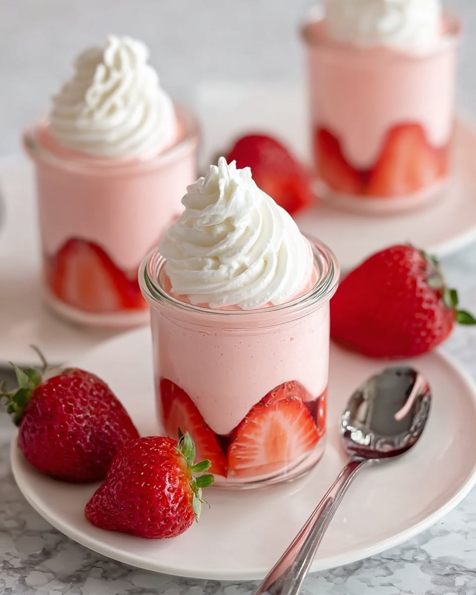 The image shows small clear glass jars each filled with a light pink creamy dessert. Inside each jar, the bottom layer is made of fresh bright red strawberry slices placed against the glass, followed by a smooth pink mousse filling almost to the top. On the very top of the mousse is a swirl of white whipped cream. The jars sit on a white plate, which also holds some whole red strawberries and a shiny silver spoon. The background is a white marbled texture. photo taken with an iphone --ar 4:5 --v 7