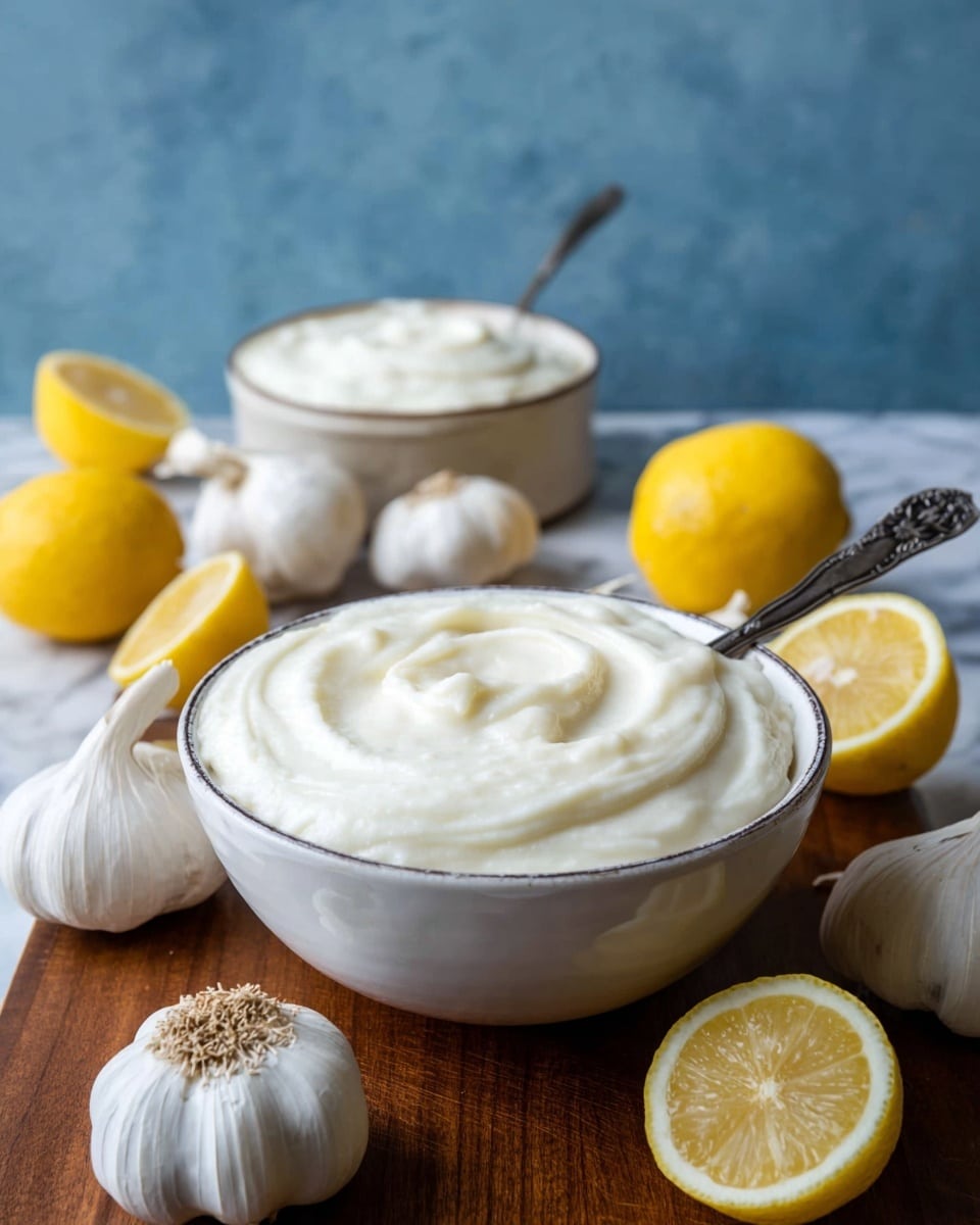 A white ceramic bowl filled with one thick, creamy layer of smooth, swirled white sauce sits on a wooden surface with a spoon inside. Around the bowl are several whole white garlic bulbs and whole and halved bright yellow lemons. Behind the bowl is a smaller white ceramic bowl holding another single layer of the same white sauce with a spoon in it. The background is a soft blue tone with a white marbled texture surface under the items. photo taken with an iphone --ar 4:5 --v 7