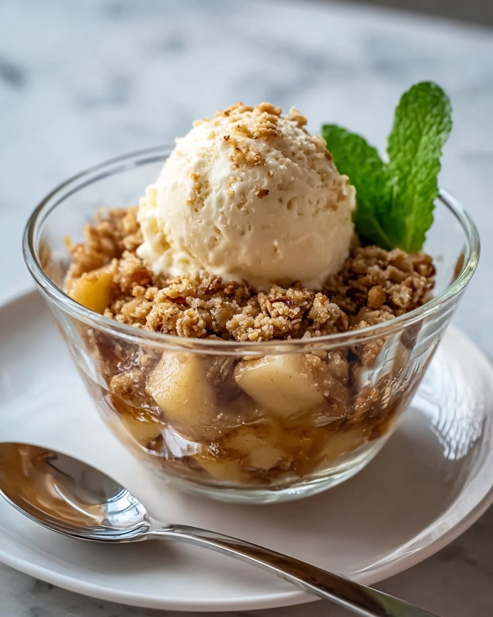 A clear glass bowl holds a dessert with three visible layers: at the bottom, soft cooked apple chunks in a golden-brown syrup; in the middle, a crumbly, light brown oat and nut crumble topping; on top, a round scoop of creamy pale vanilla ice cream with a few crumbs sprinkled on it. Two small fresh green mint leaves peek out from the crumble near the back edge of the bowl. The bowl sits on a white plate with a shiny silver spoon resting beside it on a white marbled surface. Photo taken with an iphone --ar 4:5 --v 7