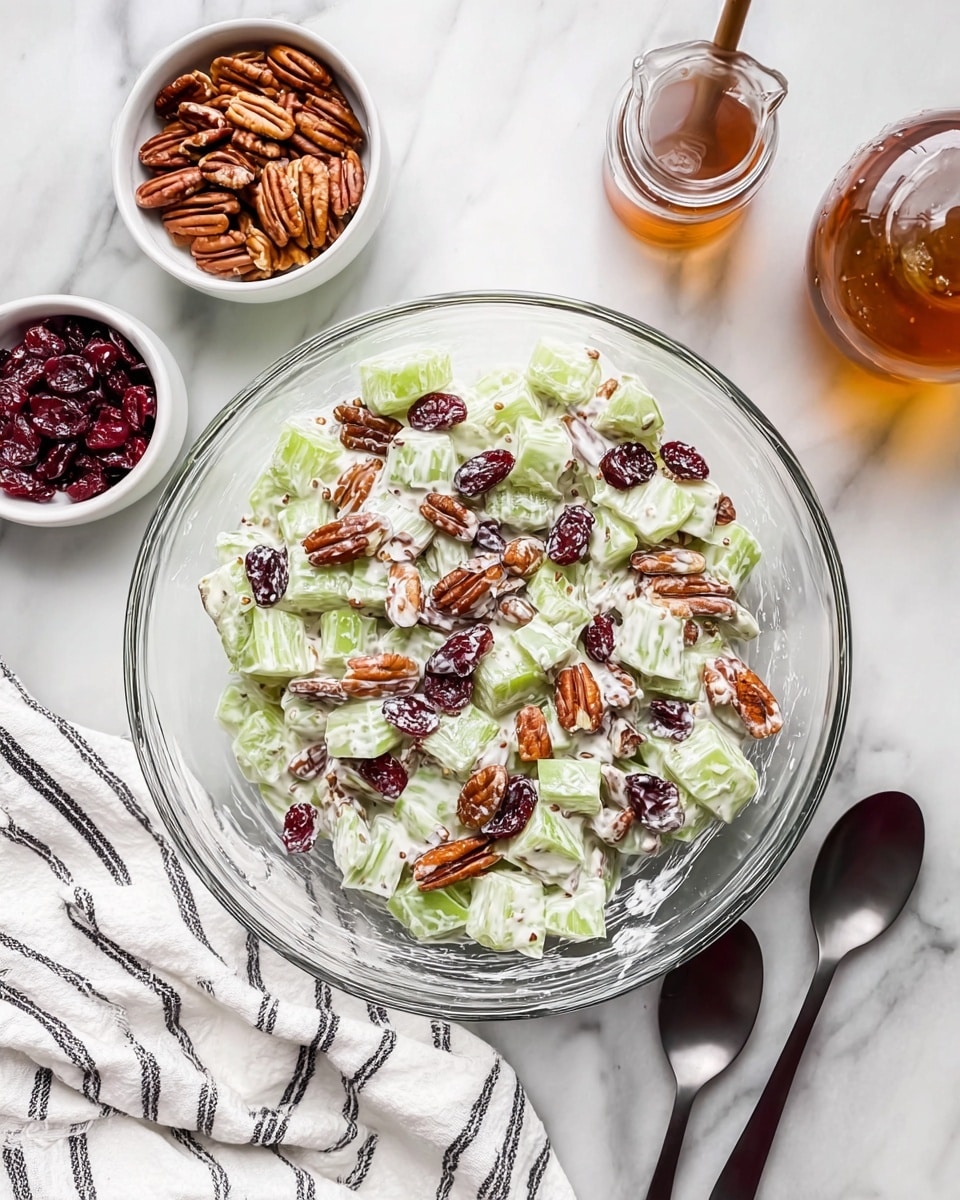 A clear glass bowl holds a salad made of pale green celery pieces coated in a creamy white dressing, mixed with dark red dried cranberries and medium brown pecan halves. Around the bowl on a white marbled surface, there is a small white bowl with whole pecans, another small white bowl with dried cranberries, two dark gray spoons, and a glass container of amber-colored syrup. A white cloth with black stripes lies under part of the glass bowl, adding texture to the scene. The image shows the fresh and crunchy texture of the celery with the smooth dressing and the dry fruit and nuts on top. photo taken with an iphone --ar 4:5 --v 7