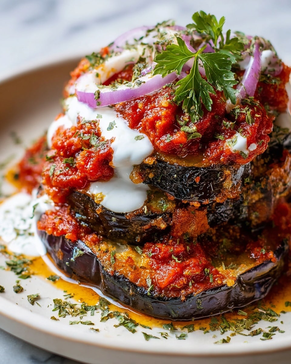 A close-up view of a dish with three layers of thick, grilled eggplant slices stacked on a white plate. The eggplant slices have a dark purple and golden-brown crispy edge, showing a slightly charred texture. On top of the eggplant, there is a layer of chunky red tomato sauce spread unevenly, giving a vibrant, textured look. White creamy sauce is drizzled over the top and sides, slightly melting into the tomato sauce. Thin slices of light purple onion and fresh green parsley leaves are scattered on the very top as garnish. Small green herb flakes are sprinkled over the whole dish, enhancing the colors and texture. The plate sits on a white marbled surface. photo taken with an iphone --ar 4:5 --v 7