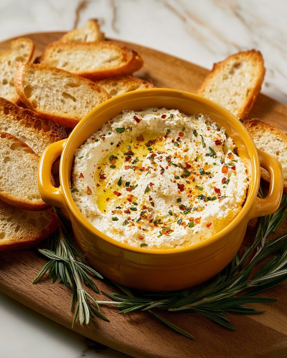 The dish shows a single layer of creamy white cheese spread with a soft, slightly chunky texture, placed inside a shiny mustard yellow bowl with two small handles on each side, resting on a wooden board. The cheese spread is topped evenly with a drizzle of golden olive oil, sprinkled with small bits of green herbs and red paprika powder, giving it speckles of green and red on the surface. Surrounding the bowl on the wooden board are slices of light golden toasted bread with a crispy texture and airy holes inside. A few sprigs of fresh green rosemary lie on the board near the bowl, all placed on a white marbled texture surface. photo taken with an iphone --ar 4:5 --v 7