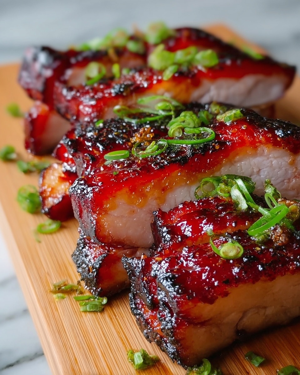 The image shows thick slices of grilled meat with a shiny, deep red glaze and charred black edges, arranged side by side on a light wooden cutting board. Each slice has a visible contrast between the caramelized outer layer and the juicy, light pink interior. The top of the meat is sprinkled with bright green chopped scallions, adding a fresh touch. The cutting board sits on a smooth white marbled surface. photo taken with an iphone --ar 4:5 --v 7