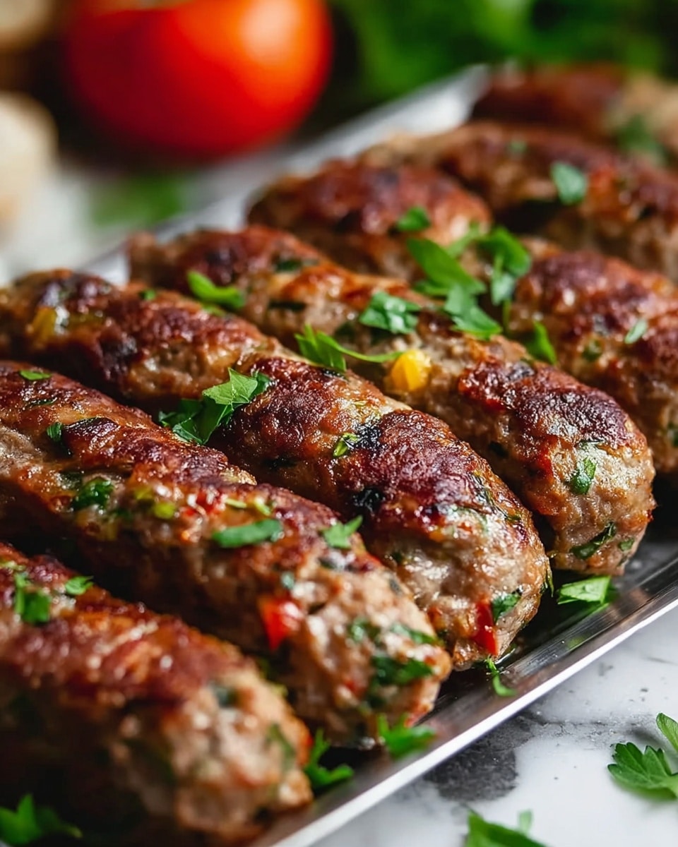 This image shows a close-up of grilled meat rolls arranged in rows on a metal tray. Each meat roll is browned with a crispy texture on the outside, speckled with green herbs and small bits of red and yellow vegetables, giving them a colorful and juicy look. The meat rolls have a slightly rough surface with visible grill marks and garnished with chopped green herbs scattered over and around them. The background has a white marbled texture with some blurred greenery and a tomato hinting at fresh ingredients nearby. photo taken with an iphone --ar 4:5 --v 7