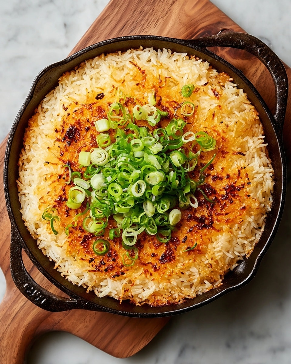 A cast iron pan filled with a layer of cooked rice that is golden brown and crispy on top with some slightly darker spots showing light charring. The rice layer has a mix of white and light golden colors, and it is spread evenly across the pan. In the center, there is a mound of chopped green onions with bright green and light green rings, adding freshness and color contrast to the dish. The pan rests on a wooden cutting board with a white marbled texture surface under it. photo taken with an iphone --ar 4:5 --v 7