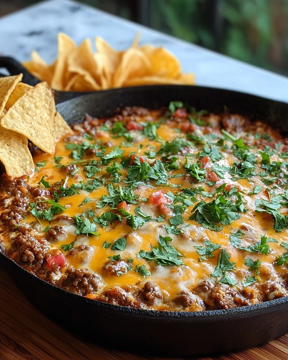 A close-up view of a black cast iron skillet filled with a layered dip. The bottom layer is a mix of ground meat and diced vegetables in a reddish-brown sauce, topped with a thick, melted layer of yellow and white cheese sprinkled with chopped fresh green cilantro. On one side of the skillet, several light golden tortilla chips are standing upright. The skillet is set on a wooden surface with a white marbled background slightly blurred in the distance. Photo taken with an iphone --ar 4:5 --v 7