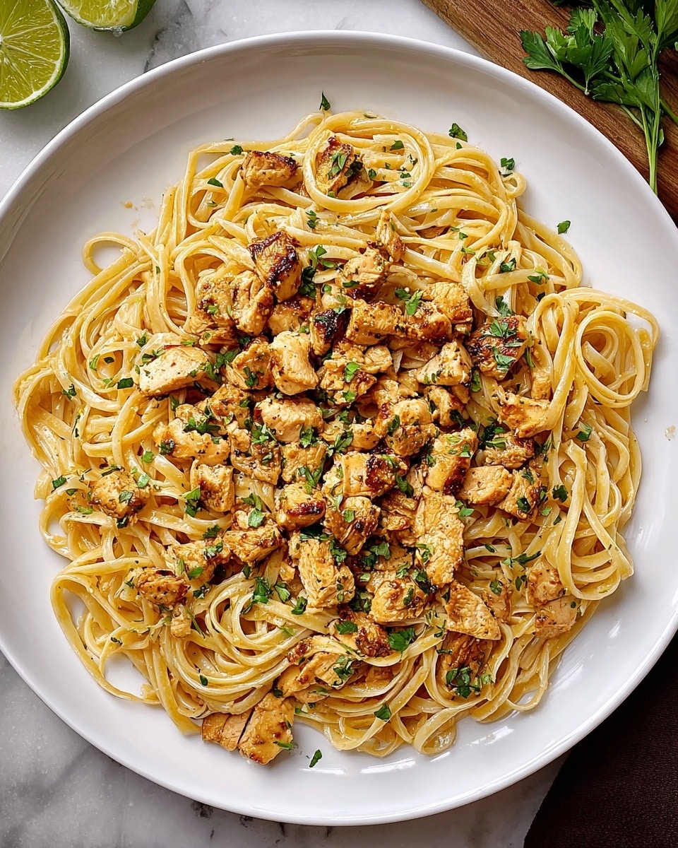 A white round plate is filled with a single layer of linguine pasta that is light golden, slightly glossy with sauce, and evenly spread across the plate. On top of the pasta, there are many small to medium-sized pieces of grilled chicken, with a golden brown and slightly charred texture, scattered around. Small green parsley flakes are sprinkled over the pasta and chicken, adding a fresh, bright touch. The plate is placed on a white marbled surface, with half a lime wedge and fresh parsley visible near the plate edges. photo taken with an iphone --ar 4:5 --v 7