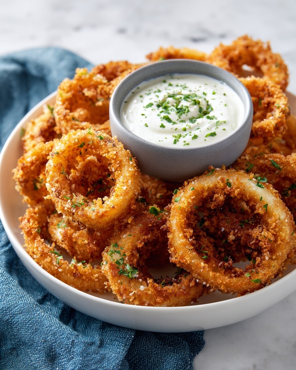 A bowl filled with many crispy, golden brown fried onion rings stacked all around, each ring showing a textured, crunchy surface and a light golden color inside. In the center of the bowl sits a small round bowl with smooth white creamy dip topped with small green parsley pieces. The bowl itself is white with dark speckles and a brown rim, placed on a white marbled surface with a teal cloth visible to the side. photo taken with an iphone --ar 4:5 --v 7