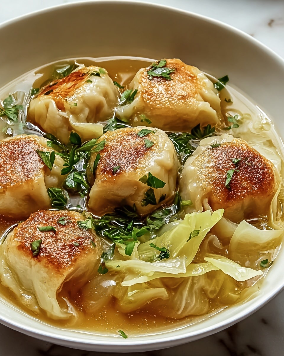 A white bowl holds six pan-fried dumplings with golden-brown, crispy tops and soft, slightly shiny sides. They sit in a clear, light broth that fills the bowl about halfway. Around and between the dumplings are soft, pale green cabbage leaves, slightly wilted and partly submerged in the broth. Small pieces of fresh green herbs are scattered on top, adding a touch of color to the warm-toned dish. The whole scene is set on a white marbled surface. photo taken with an iphone --ar 4:5 --v 7