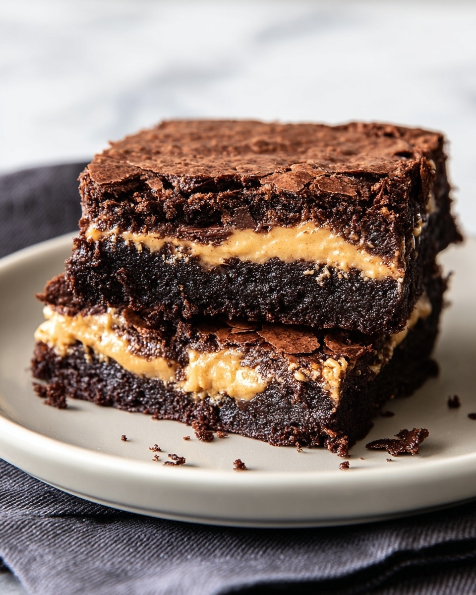 A close-up of a square brownie with two thick layers of dark, rich chocolate cake and a creamy, light brown peanut butter layer sandwiched in the middle; the top chocolate layer has a textured, slightly cracked crust, while the bottom layer looks dense and moist; the brownie is placed on a simple white plate with a few small crumbs scattered nearby, all set on a soft, dark gray cloth over a white marbled surface. photo taken with an iphone --ar 4:5 --v 7