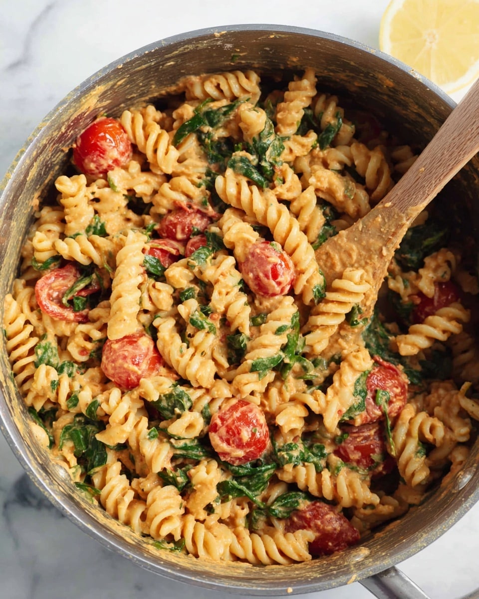 A close-up view of a pot filled with creamy rotini pasta mixed with chopped spinach and halved cherry tomatoes. The sauce is smooth and light orange in color, coating the spiral pasta evenly. A wooden spatula with some sauce and greens rests inside the pot, which sits on a white marbled surface with a half lemon visible in the corner. The pasta mixture shows texture from the spinach leaves and the juicy tomatoes scattered throughout. photo taken with an iphone --ar 4:5 --v 7