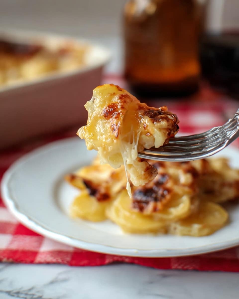 A close-up of a fork holding a bite of creamy scalloped potatoes, showing layers of golden brown, slightly crispy edges and tender, soft potato slices with melted cheese that is glossy and stretchy. In the background, there is a white plate with more scalloped potatoes piled on it, with some browned, slightly crunchy parts visible around the edges. The plate is set on a red and white checkered cloth over a white marbled surface, with a blurred brown bottle and glass in the far background. photo taken with an iphone --ar 4:5 --v 7