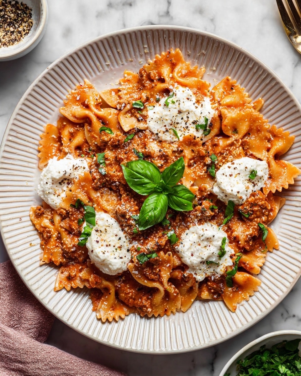A white plate with ridged edges holds a dish of bowtie pasta coated in a rich, orange-red meat sauce, spread evenly across the plate as the first layer. Dollops of soft, white ricotta cheese are scattered on top, adding creamy texture and contrast. Fresh green basil leaves sit in the center for decoration, while finely chopped parsley and ground black pepper are sprinkled across the dish, adding small green and black specks. The background is a white marbled surface, with a small portion of a white dish holding green herbs visible at the bottom right. photo taken with an iphone --ar 4:5 --v 7