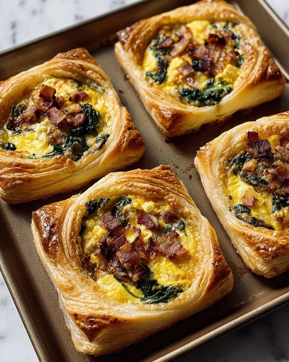 Four square-shaped pastries sit on a baking tray placed on a white marbled surface. Each pastry has multiple layers of golden brown flaky dough forming a thick, puffy base and sides. The center of each pastry is filled with bright yellow scrambled eggs mixed with pieces of dark green spinach and crisp, browned bits of bacon. The eggs are slightly uneven in texture, and the bacon bits show a caramelized gloss. The pastries have a shiny, baked finish. Photo taken with an iphone --ar 4:5 --v 7