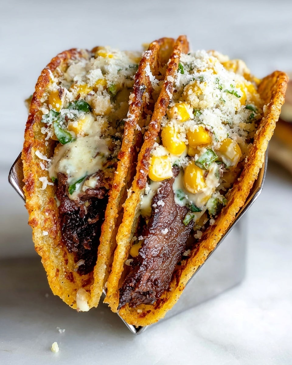 The image shows a close-up of a taco held upright in a metal taco holder, placed on a white marbled surface. The taco has three main visible layers: the base is a warm, golden-brown tortilla with crispy edges and a slight char. On each side, there are thick strips of dark brown, crispy grilled meat, with a textured, slightly rough surface. In the center, there is a creamy mixture of off-white and yellow grilled corn kernels, mixed with green herbs, giving a fresh contrast in color. The creamy filling looks slightly melted and moist, topped with a light dusting of fine grated cheese that spreads gently over both the meat and corn. Photo taken with an iphone --ar 4:5 --v 7
