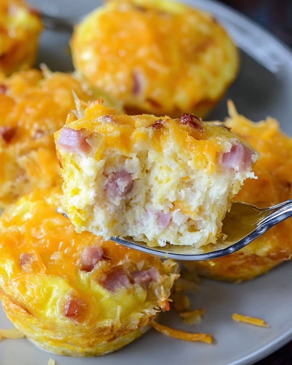 The image shows small egg muffins with three visible layers: a bottom layer of light, fluffy egg mixed with small bits of white and pink ham, a middle layer of soft, creamy egg texture, and a top layer of melted golden-yellow cheddar cheese with small pieces of ham. The muffins have a slightly crispy edge around the bottom, with some shredded potatoes visible, adding a light brown, crispy texture. One muffin is cut in half, showing the soft layers inside, and another piece is being held on a fork with a white marbled surface below. The photo is taken close-up with a white plate under the muffins, and the lighting highlights the soft and melted textures. Photo taken with an iphone --ar 4:5 --v 7