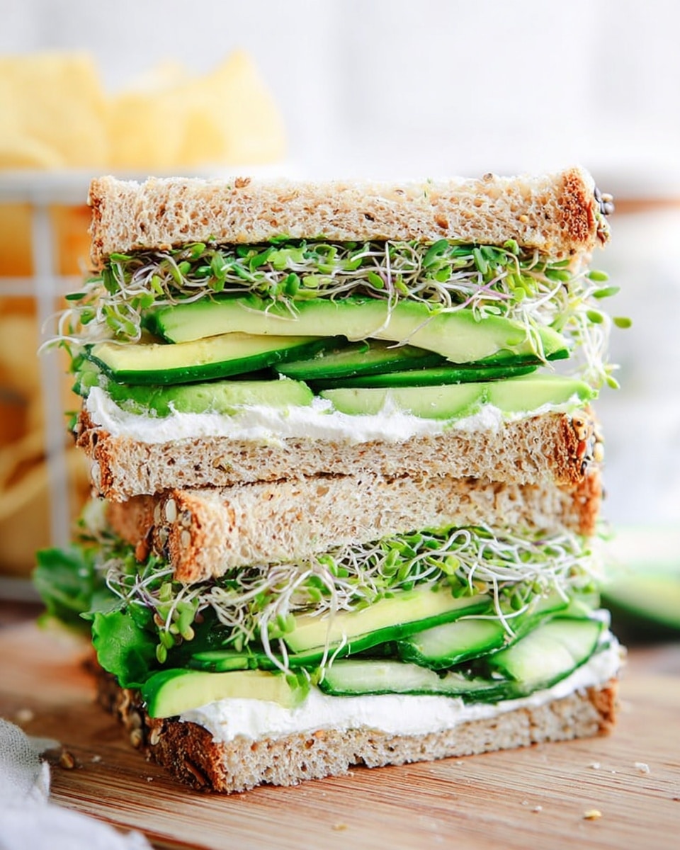 A tall sandwich cut in half and stacked vertically shows three layers of light brown whole grain bread with tiny seeds. Between the bread layers, the sandwich is filled with bright green lettuce leaves and thin pale green cucumber sticks, along with light green avocado slices. There are also small white sprout shoots adding texture. White cream cheese is spread evenly on the bread slices, giving a soft contrast to the greens. The sandwich is placed on a wooden surface with a white marbled background and blurred chips visible behind it. Photo taken with an iphone --ar 4:5 --v 7