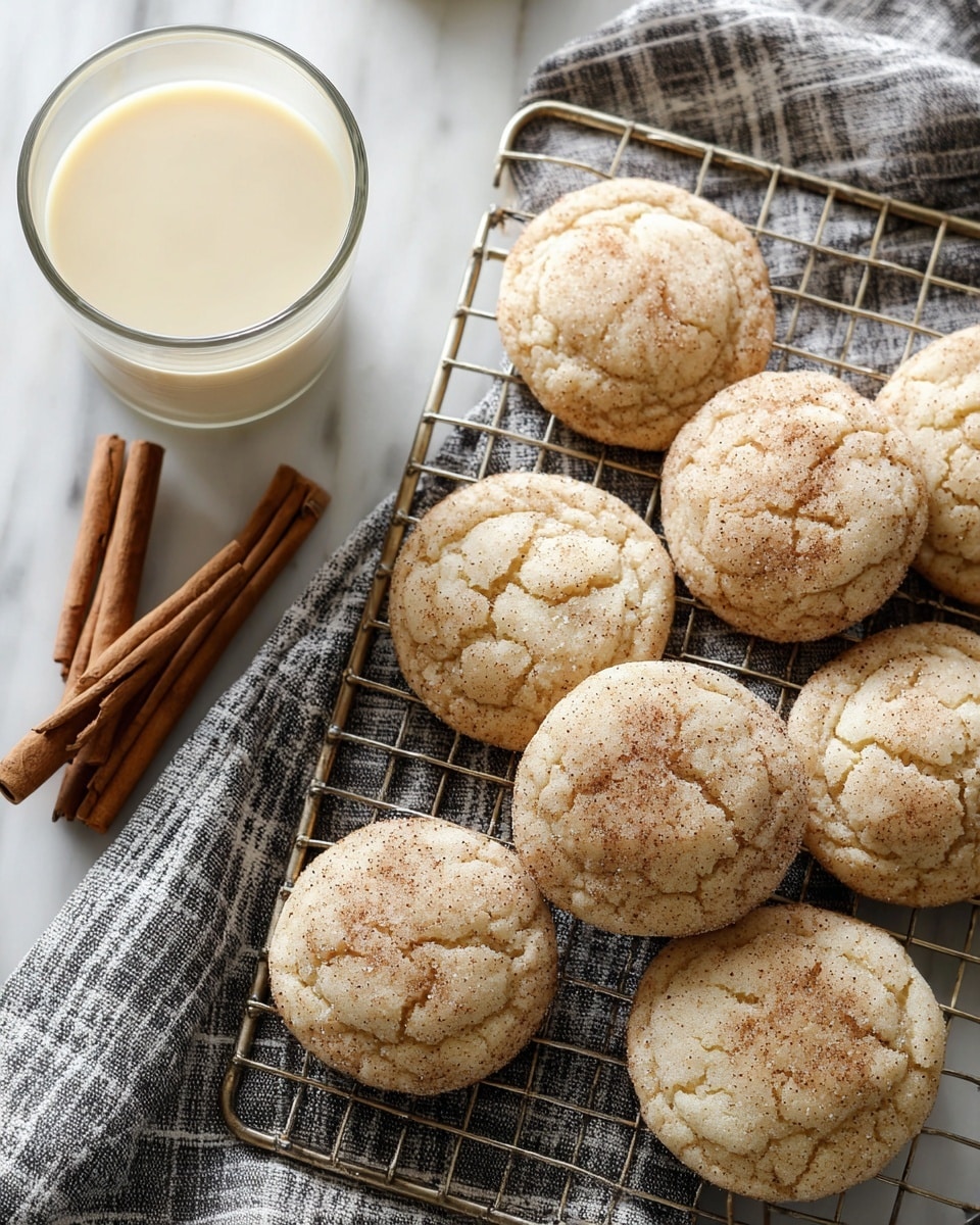 Eight light brown cookies speckled with tiny darker cinnamon bits rest on a metal cooling rack placed over a gray and white checkered cloth. The cookies have cracked, soft, and slightly puffy tops with a powdered sugar-like texture. To the left of the rack, two cinnamon sticks lie crossed on the cloth next to a clear glass filled with a creamy, pale yellow beverage. The whole scene is set on a white marbled surface. photo taken with an iphone --ar 4:5 --v 7