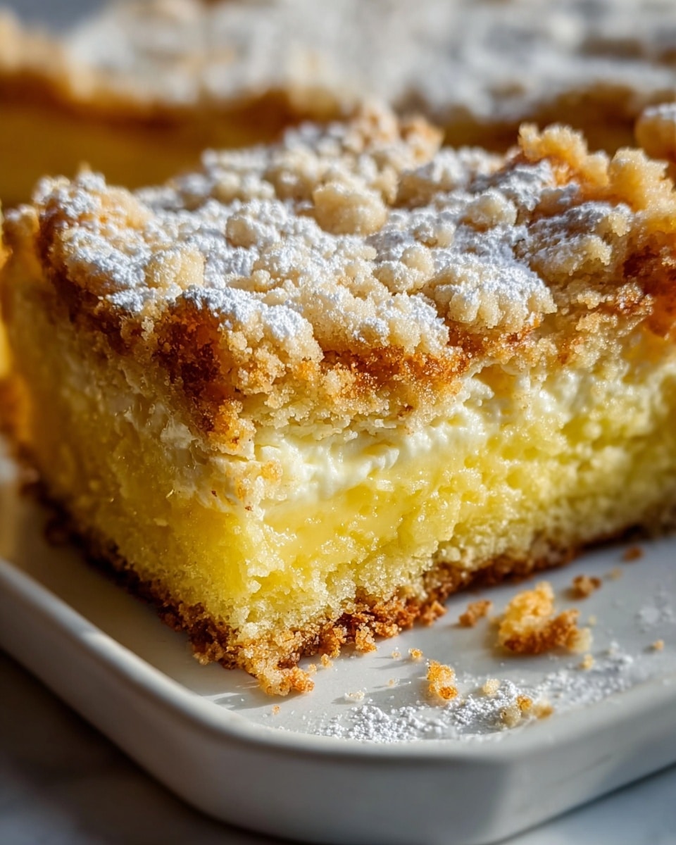 A close-up view of a crumb cake with three layers visible: the top layer is a golden-brown crispy crumb sprinkled with white powdered sugar, the middle layer is a creamy light yellow filling, and the bottom layer is a soft yellow cake base. The cake has been cut, showing crumbs scattered on a white plate over a white marbled surface. Light shines on the crumb and filling, highlighting their moist texture and crumbly top. photo taken with an iphone --ar 4:5 --v 7