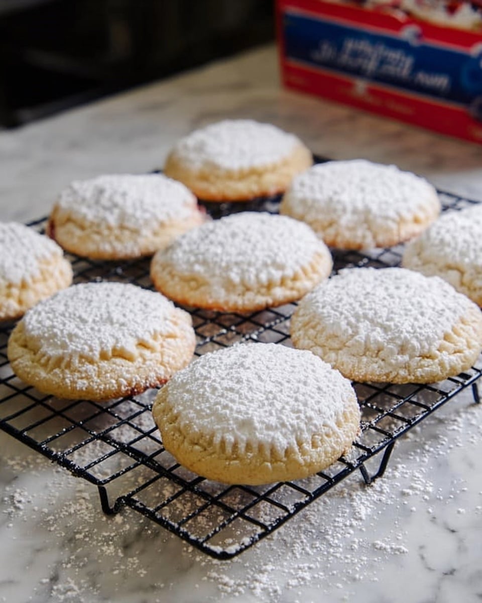 The image shows eight round cookies arranged in two rows on a black cooling rack. Each cookie has a pale golden-brown color and is topped with a thick layer of white powdered sugar. The cookies have a textured edge and a slightly domed top, with some visible cracks indicating a soft inside. The cooling rack sits on a white marbled surface, which has some scattered powdered sugar on it. In the background, there is a blurred box with red and blue text. photo taken with an iphone --ar 4:5 --v 7