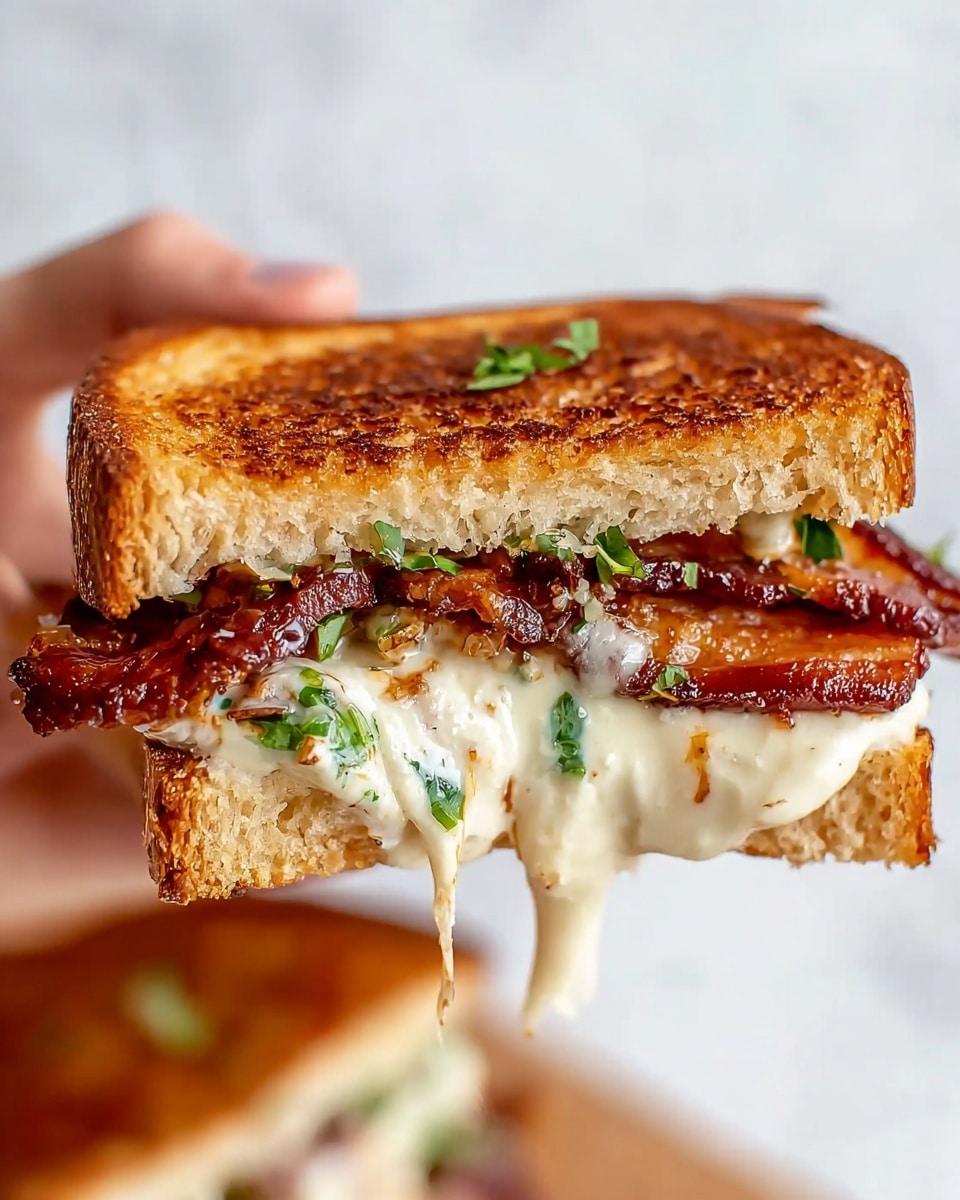 A close-up view of a sandwich held by a woman's hand, showing two toasted slices of bread with a golden-brown, slightly crispy texture on top and bottom. Inside, a layer of melted creamy white cheese with green herbs drips slowly down, topped with crispy, caramelized bacon strips that are dark red and brown in color. Small green herb bits are sprinkled inside, adding a fresh touch. The background is a white marbled texture. Photo taken with an iphone --ar 4:5 --v 7