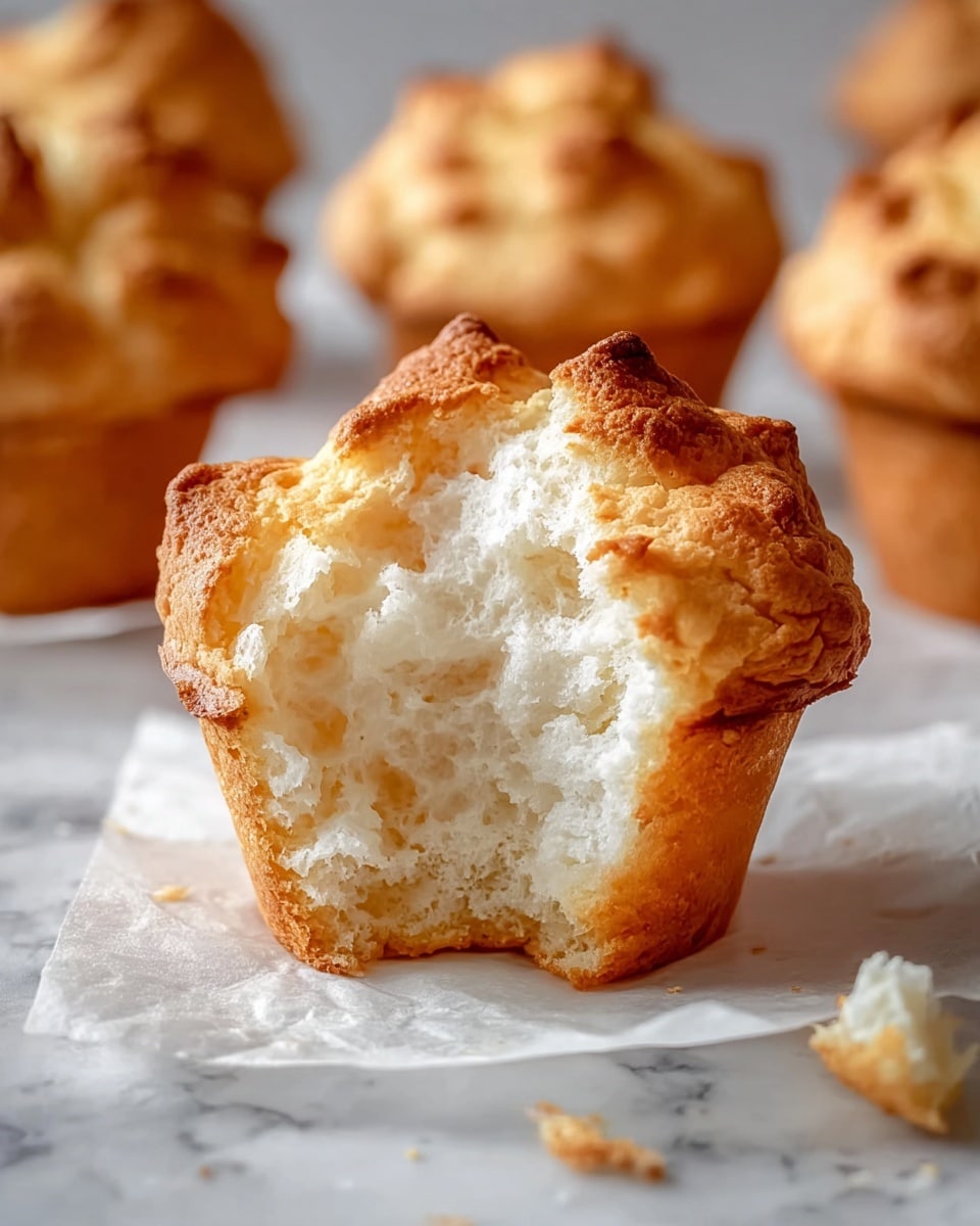 The image shows a close-up of a golden-brown, fluffy muffin with a cracked top, revealing a soft, white, airy inside with a light texture. The muffin sits directly on white parchment paper, with a few small crumbs scattered around it. In the blurred background, several similar muffins with golden, rough, and slightly uneven tops are visible, each showing hints of their soft white interior. The setting features a white marbled surface that softly reflects the light, adding brightness to the scene, photo taken with an iphone --ar 4:5 --v 7