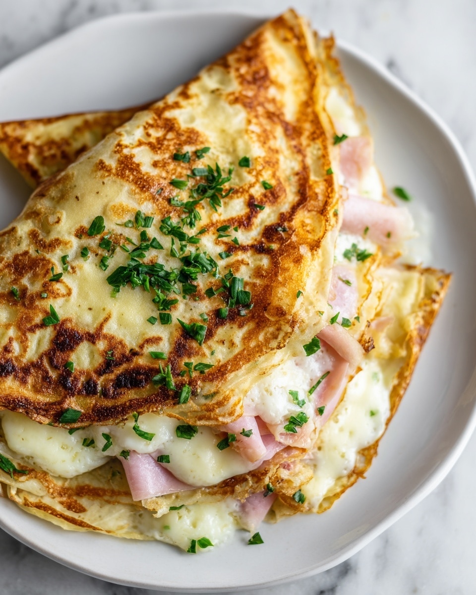 A close-up image of two folded crepes on a white plate resting on a white marbled surface. Each crepe is golden brown with a slightly crispy texture and is folded to show layers inside: thin pink slices of ham and melted creamy white cheese oozing out. The top crepe is sprinkled with small green herb pieces, adding a fresh touch. The melted cheese spills slightly over the edges, making the dish look warm and inviting. photo taken with an iphone --ar 4:5 --v 7