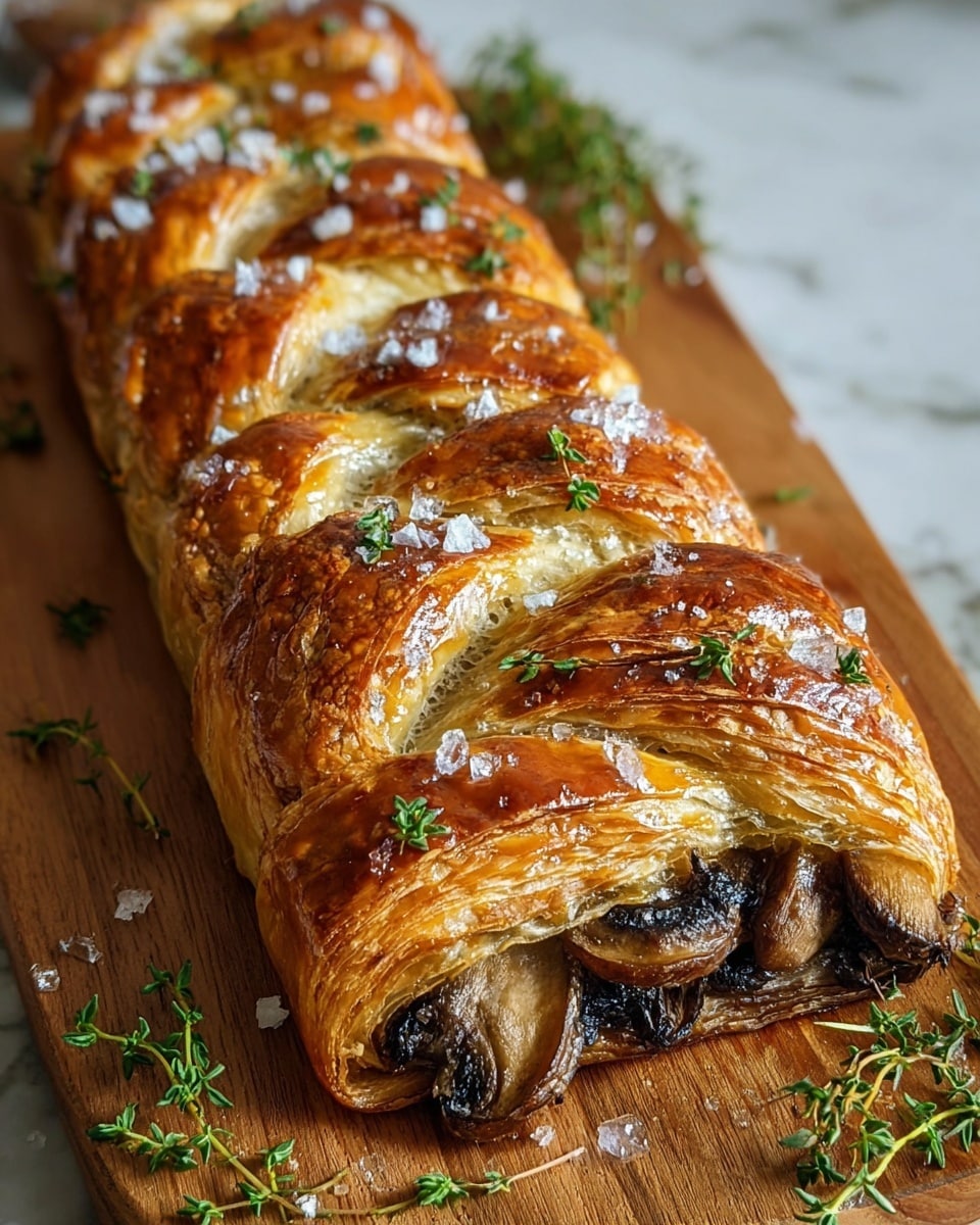 The image shows a golden brown puff pastry braid with a shiny, crispy, and flaky top crust. The braid is filled with layers of cooked mushroom slices that are dark brown and moist inside the pastry. There are small green thyme sprigs both on top and around the pastry, with white coarse salt flakes sprinkled over the braid. The pastry rests on a wooden cutting board with additional thyme around it, all set on a white marbled surface. Photo taken with an iphone --ar 4:5 --v 7