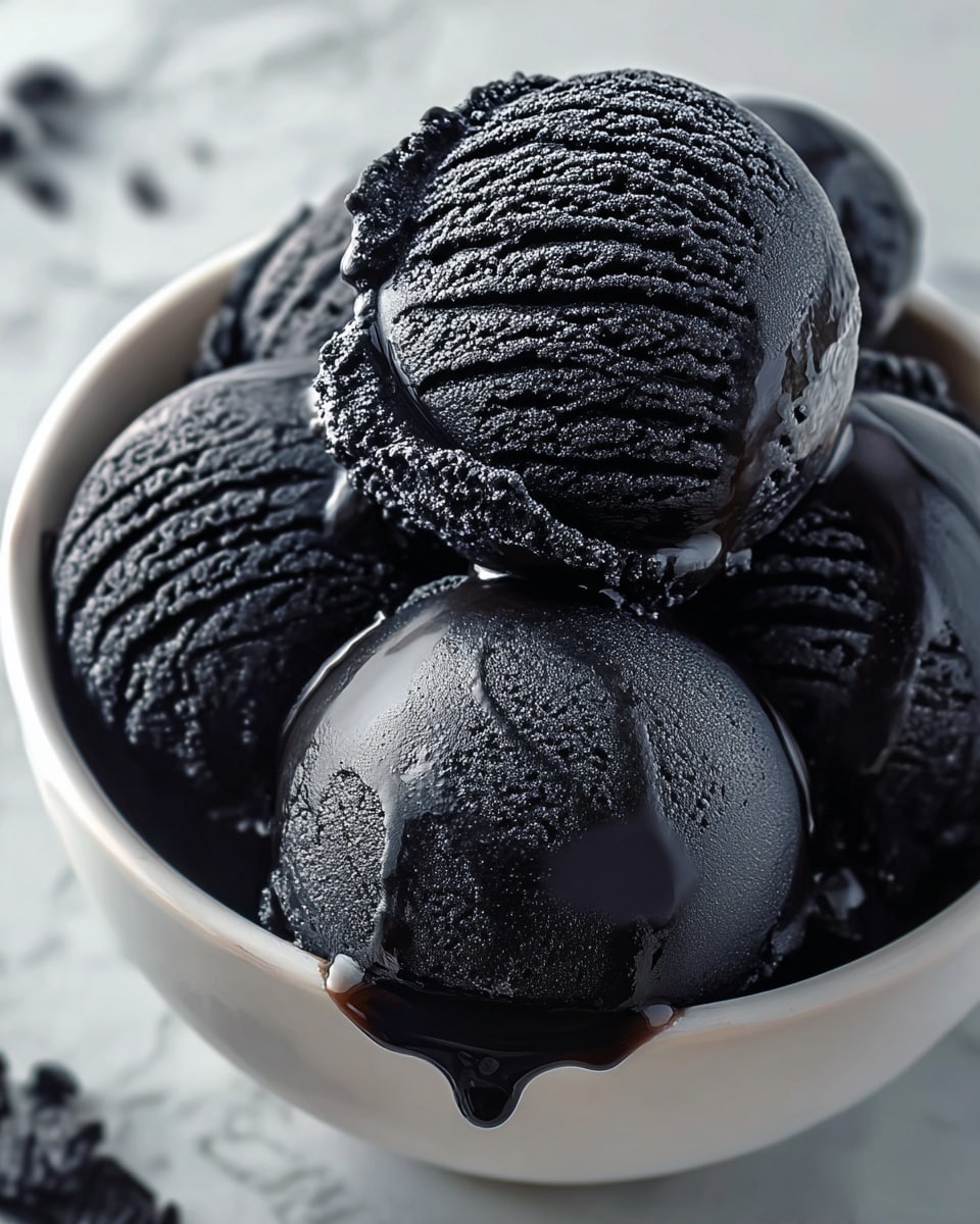 A white bowl filled with several scoops of black ice cream, each scoop showing a smooth, slightly shiny texture with delicate ridges and frosty patterns on the surface, creating a rich, velvety look; the ice cream clusters tightly together, with some small droplets of melting liquid glistening near the edges, enhancing the creamy appearance, all placed against a white marbled textured background. photo taken with an iphone --ar 4:5 --v 7