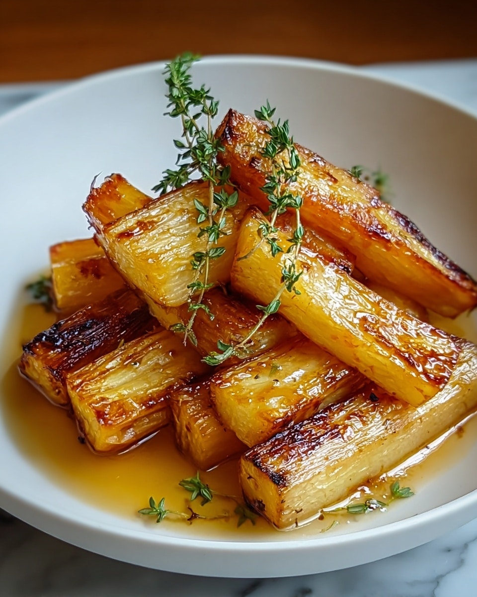 A white bowl holds several thick, golden-brown roasted parsnip sticks stacked unevenly. Each piece has a caramelized shine with crispy, slightly charred edges, and a soft, translucent interior visible on some ends. The dish is topped with a few sprigs of fresh green thyme that add a touch of color and texture contrast. Light brown juices pool at the base, giving the dish a glistening, appetizing look. The bowl sits on a white marbled surface. photo taken with an iphone --ar 4:5 --v 7
