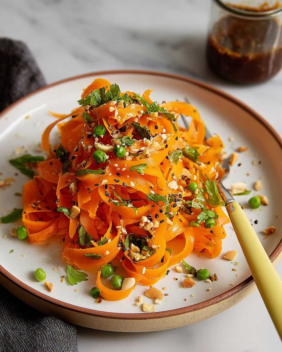 A plate holds a neat mound of bright orange carrot ribbons layered with small green peas scattered throughout. On top and mixed in, there are finely chopped green herbs, white and black sesame seeds, and bits of crushed peanuts adding texture. The carrot ribbons look fresh and slightly glossy, arranged in a loose pile at the center of the round white plate with a thin brown rim. The plate sits on a white marbled texture surface, and a pale yellow fork is partially buried in the carrot salad on the right side. There is a blurred glass jar of dark brown sauce in the background to the left, along with a piece of dark gray fabric near the front left edge of the plate. Photo taken with an iphone --ar 4:5 --v 7