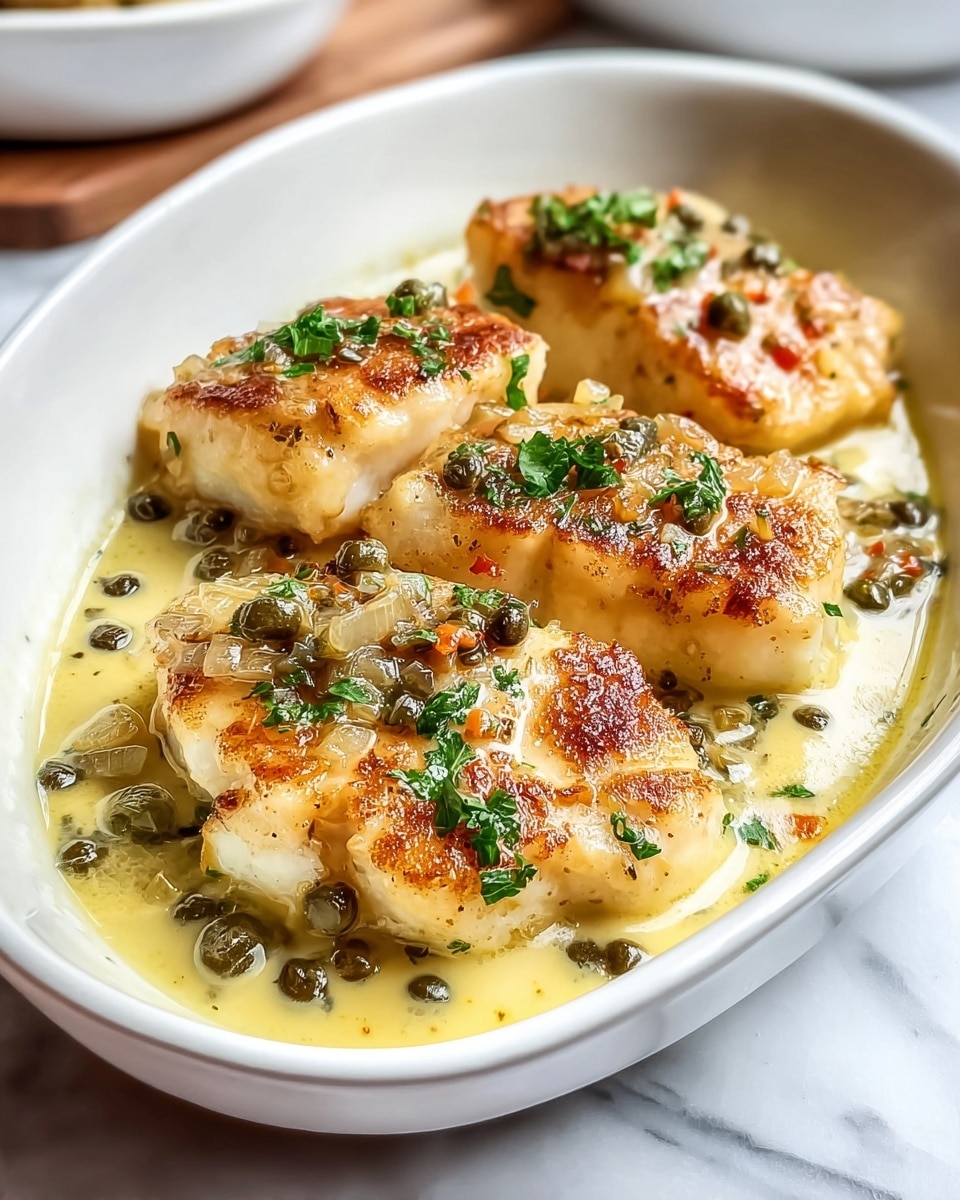 A white oval bowl holds four pieces of golden-brown seared fish fillets, each topped with finely chopped green herbs. The fish sits in a creamy light yellow sauce filled with visible small green capers, translucent cooked onions, and tiny bits of red pepper. The sauce surrounds the fish, filling the bowl with a slightly glossy, smooth texture. The background shows a white marbled surface, and part of another white bowl is visible in soft focus. photo taken with an iphone --ar 4:5 --v 7