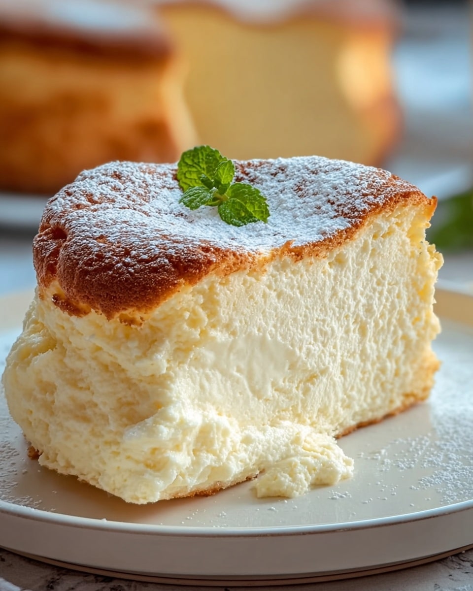 The image shows a soft, fluffy cheesecake with one thick round layer. The cake has a golden brown top with a dusting of white powdered sugar and a small green mint leaf on the center. The inside is creamy white with a light and airy texture. The base is a thin, crumbly light brown crust that rests on a white plate, all placed on a white marbled surface. Photo taken with an iphone --ar 4:5 --v 7
